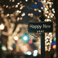 ai gegenereerd een straat teken met de tekst gelukkig nieuw jaar foto