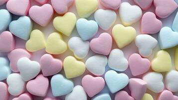 ai gegenereerd achtergrond van helder gekleurde snoep harten voor Valentijnsdag dag. foto
