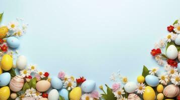 ai gegenereerd voorjaar bloemen en kleurrijk Pasen ei met pastel blauw achtergrond foto