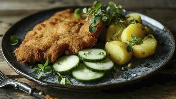 ai gegenereerd klassiek gebakken schnitzel geserveerd met aardappel en komkommer salade Aan een rustiek modern bord foto