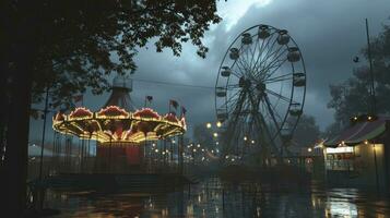 ai gegenereerd oud carnaval met een ferris wiel Aan een bewolkt nacht. 3d weergave, illustratie foto
