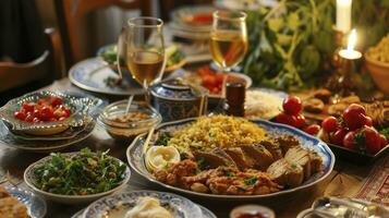 ai gegenereerd traditioneel maaltijd voor iftar in tijd van Ramadan foto