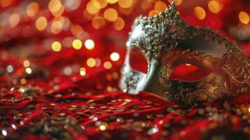 ai gegenereerd carnaval kaart magie gouden carnaval masker met schitteren in glimmend rood achtergrond foto
