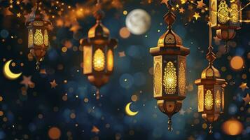 ai gegenereerd Ramadan kareem grens, Islamitisch kunst stijl achtergrond. symbolen van Ramadan mubarak, hangende goud lantaarns, Arabisch lampen, lantaarns maan, ster, kunst en illustratie. foto