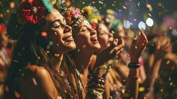 ai gegenereerd braziliaans carnaval. jong Dames in kostuum genieten van de carnaval partij blazen confetti. foto