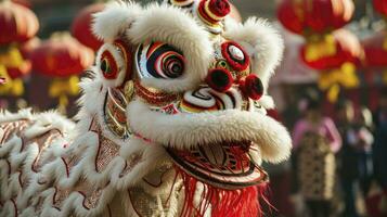 ai gegenereerd Chinese traditioneel leeuw dans kostuum het uitvoeren van Bij een tempel in China, maan- nieuw jaar viering, Chinese nieuw jaar foto