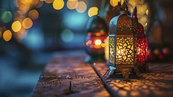 ai gegenereerd Islamitisch groet eid mubarak kaarten voor moslim vakantie, eid-ul-adha festival viering. Arabisch Ramadan lantaarn, decoratie lamp foto