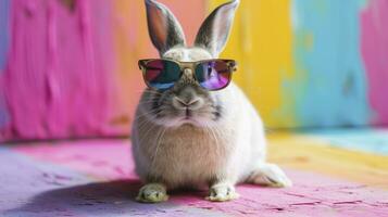 ai gegenereerd koel konijn met zonnebril Aan kleurrijk achtergrond foto