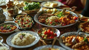 ai gegenereerd traditioneel maaltijd voor iftar in tijd van Ramadan foto