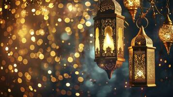 ai gegenereerd Arabisch traditioneel Ramadan kareem oostelijk lantaarns guirlande. moslim sier- hangende gouden lantaarns Aan bokeh achtergrond. foto