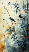 ai gegenereerd waterverf bamboe ontwerp in blauw en wit met vogelstand en vogelstand Aan een wit achtergrond, in de stijl van donker goud en grijs. foto