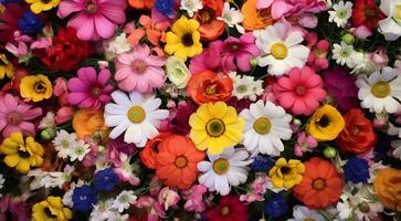 ai gegenereerd veld- van bloemen, bloemen in de veld, gekleurde bloemen onder de lucht, gekleurde bloemen, bloemen veld- foto