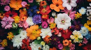 ai gegenereerd veld- van bloemen, bloemen in de veld, gekleurde bloemen onder de lucht, gekleurde bloemen, bloemen veld- foto
