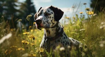 ai gegenereerd hond Aan de abstract achtergrond, hond gezicht, detailopname van hond gezicht, hond portret Aan achtergrond, op zoek hond foto