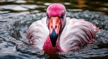 ai gegenereerd roze flamingo Aan de meer, roze flamingo zwemmen Aan de water, detailopname van een mooi roze flamingo foto