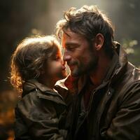 ai gegenereerd liefhebbend vader en dochter realistisch nacht visie foto gelukkig kus generatief ai