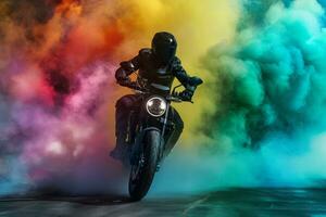 ai gegenereerd renner Aan een motorfiets tegen een achtergrond van veelkleurig rook foto