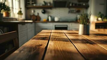 ai gegenereerd leeg tafel in modern keuken interieur, leeg houten teller tafel top voor Product Scherm foto