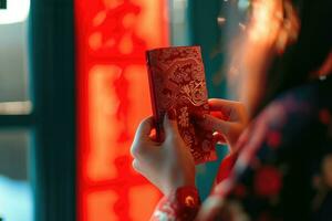 ai gegenereerd Chinese nieuw jaar viering, bijgesneden schot van hand- ontvangen rood enveloppen van hun ouder foto