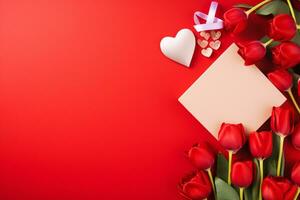 ai gegenereerd Valentijnsdag dag achtergrond met rood harten en geschenk doos Aan rood achtergrond gelukkig valentijnsdag dag gegenereerd ai foto