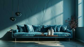 ai gegenereerd leven kamer interieur ontwerp met sofa minimaal esthetisch blauw fluweel 3d weergegeven foto