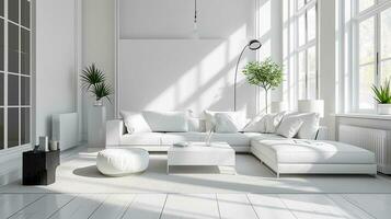 ai gegenereerd wit leven kamer interieur ontwerp met sofa minimaal esthetisch 3d weergegeven foto