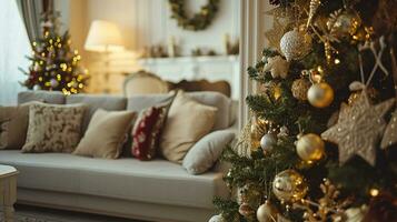 ai gegenereerd leven kamer interieur ontwerp met Kerstmis decoratie minimaal esthetisch 3d weergegeven foto