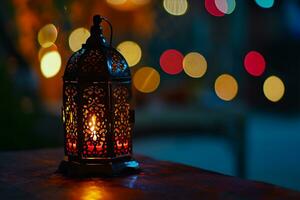 ai gegenereerd sier- Arabisch lantaarns. glinsterende gouden bokeh lichten Aan de tafel foto