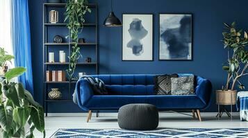 ai gegenereerd blauw leven kamer interieur ontwerp met sofa minimaal esthetisch 3d weergegeven foto