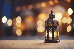 ai gegenereerd sier- Arabisch lantaarn gloeiend in woestijn voor moslim heilig maand Ramadan kareem foto