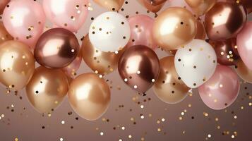 ai gegenereerd pastel roze en beige ballonnen met confetti achtergrond foto