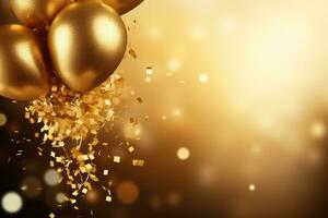 ai gegenereerd gouden ballonnen met confetti en linten Aan bokeh achtergrond foto