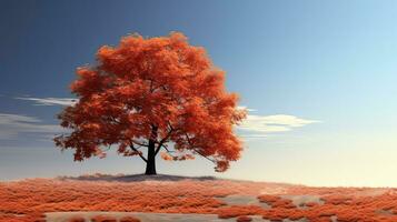 ai gegenereerd herfst landschap met rood esdoorn- boom en blauw lucht foto