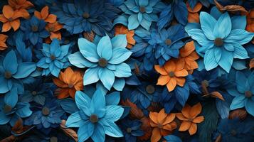 ai gegenereerd blauw en oranje bloemen met bladeren patroon achtergrond foto
