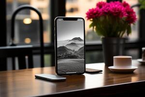 ai gegenereerd smartphone Aan de tafel foto