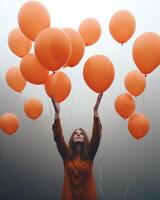 ai gegenereerd een meisje poseren met ballonnen in een conceptuele fotografie foto