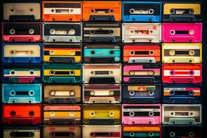 ai gegenereerd reeks van oud audio cassettes Aan rood achtergrond. hoog kwaliteit foto