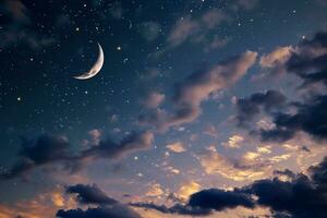 ai gegenereerd een nacht lucht met wolken en een halve maan foto
