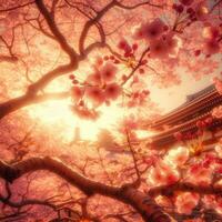 ai gegenereerd hyper realistisch sakura kers bloesem boom bladeren Japans festival ochtend- dauw Osaka tokyo foto