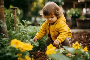 ai gegenereerd klein botanicus natuur baby Product - kleuter in bloem paradijs foto