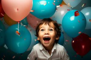 ai gegenereerd ballon cascade kind verrassing en genot in verjaardag gelukzaligheid foto