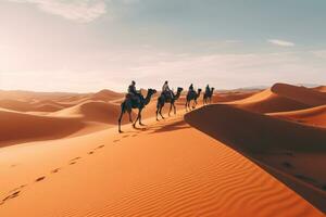 ai gegenereerd verticaal schot van mensen rijden kamelen Aan een zand generatief ai foto