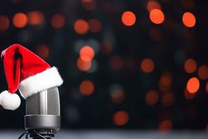 ai gegenereerd microfoon met de kerstman hoed en decoraties Aan houten tafel tegen rood achtergrond foto