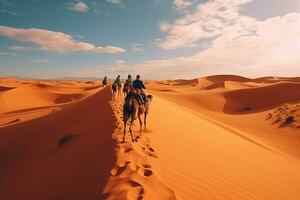 ai gegenereerd verticaal schot van mensen rijden kamelen Aan een zand generatief ai foto