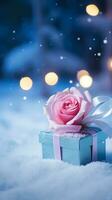 ai gegenereerd roze roos en een blauw geschenk doos met wit boog. gelukkig Valentijnsdag dag groet kaart concept. ai gegenereerd beeld foto