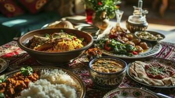 ai gegenereerd traditioneel maaltijd voor iftar in tijd van Ramadan foto