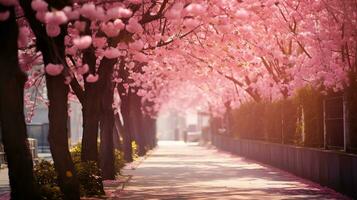 ai gegenereerd steeg met roze sakura bomen, helder zonnig dag. ai gegenereerd beeld foto