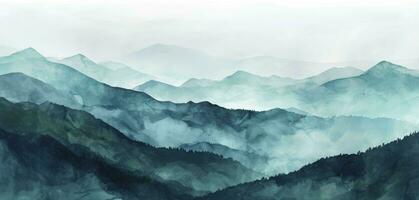 ai gegenereerd minimalistisch landschap kunst achtergrond met bergen en heuvels in blauw en groen kleuren. abstract banier in oosters stijl met waterverf structuur voor decor, afdrukken, behang foto