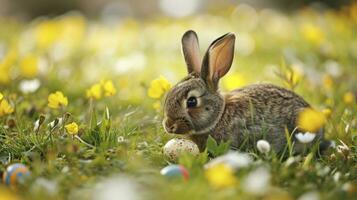 ai gegenereerd aanbiddelijk konijn met Pasen eieren in bloemrijk weide foto