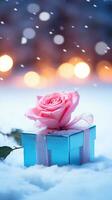 ai gegenereerd roze roos en een blauw geschenk doos met wit boog. gelukkig Valentijnsdag dag groet kaart concept. ai gegenereerd beeld foto